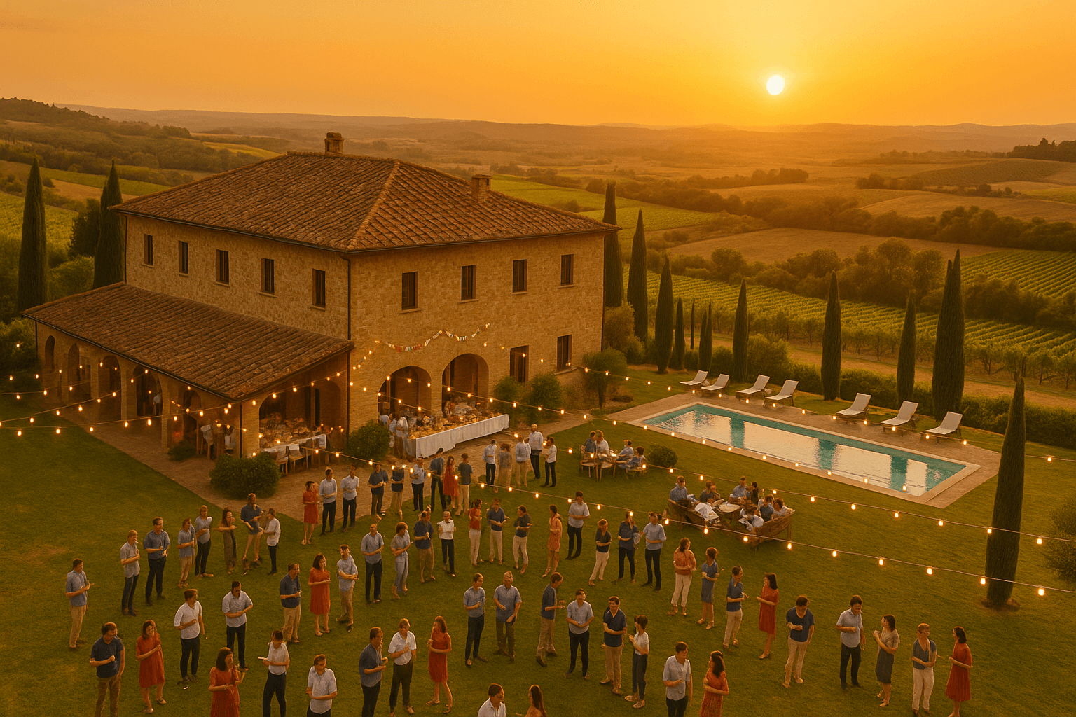 Corporate event at a Tuscan villa during sunset with people gathering outside